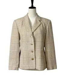 Talbots Blazer 4 Button Wool Cashmere Angora Tan Cream Plaid Women’s Size 12