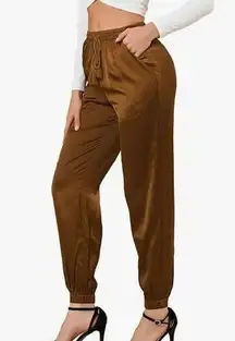 Allegra K Coffee Brown Ankle Length Satin Jogger Pants