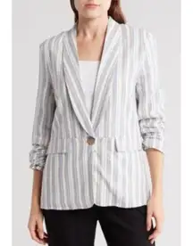 Ellen Tracy Womens M Ruched Sleeve Linen Blend Blazer in Linen White Stripe NEW