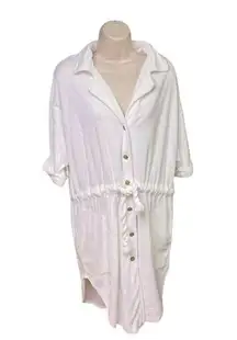 Vintage Womens Terry Cloth Beach Pool Cover Up Button Up Size M White u