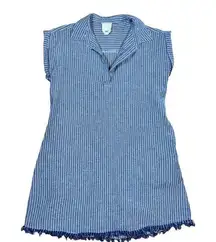 Harper Heritage Mini Shirt Dress Womens Small Blue Striped Sleeveless Fringe Hem