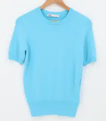 Zara Womens Knit Short Sleeve Sweater Turquoise Minimalist Office Layer Size M