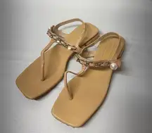 Miu Miu Tan Sandals with Chain and Pearl Accent