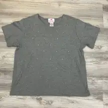 Gray with Diamond Rhinestones Short Sleeve Round Neck T-Shirt L