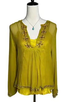 Hale Bob Silk Embellished Beaded Blouse Cami Tank Set M | Y2K Bohemian Luxe