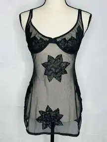 Victoria's Secret  Black Fishnet Mesh Floral Lace Chemise Lingerie Sexy Sz 34B