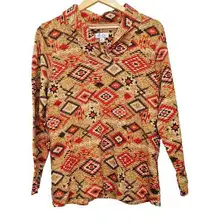 Denim and Company Blouse Womens M Tan Red Brown Aztec Native Shawl Collar Casual