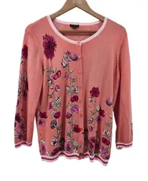 Talbots Coral Floral Embroidered Button Front Cardigan Sweater Women's Large
