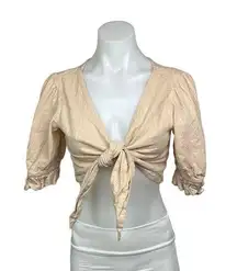 Gab + Kate Beige Bow Tie Front Ruffle Puff Sleeve Boho Crop Top Blouse Size S