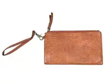 American Leather Co. Etched Tooled Floral Leather Clutch Purse Wallet Handbag