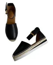 See by Chloe Glyn Black Leather Platform Ankle Strap Espadrilles Women’s Size 36
