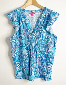 Lilly Pulitzer Golda Blouse Top Amalfi Blue Sound The Sirens Shirt Size Large