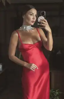 dress classic red satin effect cut out open back midi maxi party wedding