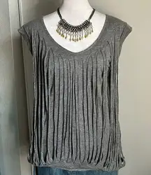 BCBGMaxazria Distressed Fringe Overlay Festival V-Neck Cap Sleeve Tee Shirt