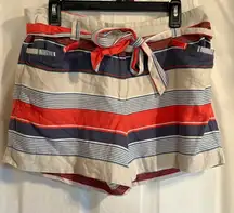 Loft Linen Blend Striped Belted Shorts Women’s Sz 8 Breathable Red Blue White‎