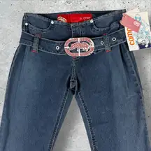 Y2K Ecko‎ Red Deadstock Rhinestone Belted Flare Low Rise Bell Bottom Jeans Sz 7