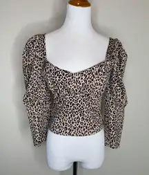 Zara Cheetah Leopard Print Cropped Puff Sleeve Blouse Sz Medium