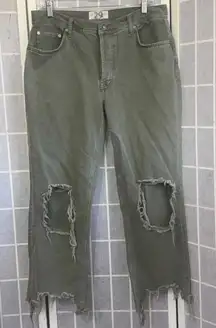 Free People We The Free Maggie Jeans Distressed Ripped Green Frayed Hem Size 29