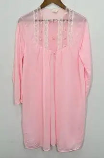 Vintage‎ Sheer Pink Chiffon Nylon Lace Trim Peignoir Robe Button Front Medium