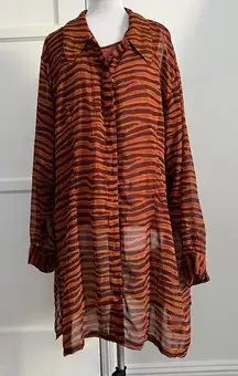 Vintage 80s Luxe Noir 3X Oversized Sheer Tunic Top Brown Zebra Print Button Down