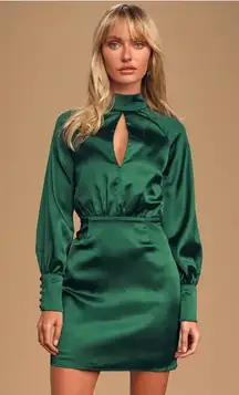 Delightful Endeavor Emerald Green Satin Long Sleeve Mini Dress