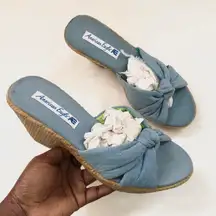 Y2K  blue jean denim fabric chunky platform wedge sandals open toe heels brown espadrilles front tie knot - Size 8 #indie #hippie #hobo #boho #festival retro