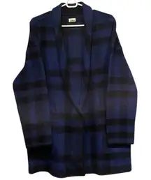 Aspen Blue & Black Plaid Wool Blend Oversized Open Cardigan Blanket Car Coat