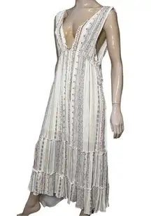 Vici Women’s Size S Cream Red Blue Deep V-Neck Sleeveless Tassel Side Maxi Dress