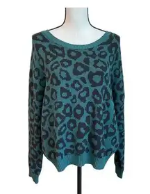 BCBGMaxAzria Womens Sweater Green Black Leopard Print Long Sleeve Pullover L