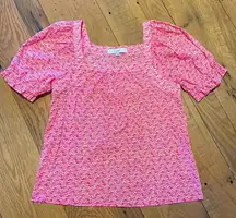 LOFT Cotton Shimmer Puff Sleeve Square Neck Top Blouse Pink White Gold Sz SMALL