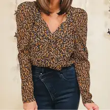 New! Anthropologie Sheer Long Sleeve Brown Dark Floral Babydoll Top Size Medium