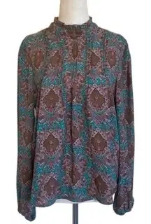 Joie Balloon Sleeve Mock Neck Pleated Bodice Keyhole Blouse Teal/Brown M