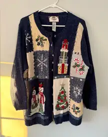 VTG Tiara Navy Blue Holiday Christmas Sweater Snowman Hippie Boho Multi Color 2X
