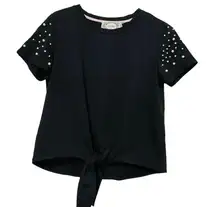 Skonhet Tie Front Black Top with Pearl Sleeves