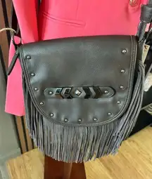 Brown fringe faux leather crossbody bag - new western country outfit hobo hippy