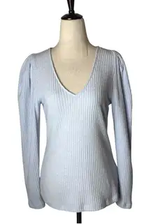 J Crew Sweater Women Small Blue Ribbed Knit V Neck Puff Sleeve Pullover‎ Preppy