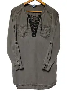 Chambray Charcoal Gray Shirt Dress Lace Up‎ Neckline Rocker Punk Emo Grunge Sz S