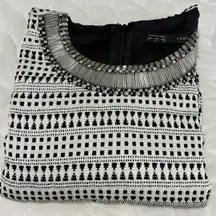 Zara Basic Dress Black White Beaded Neckline Short‎ Sleeve A-Line Shift Mini -S