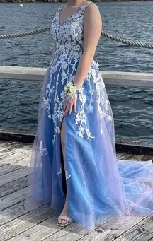 Blue floral prom formal event hall gown party dress