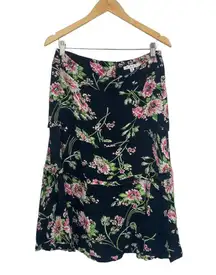 Cabi Flowy High Waisted Midi Skirt Floral Print Black Pink Rayon Womens 8