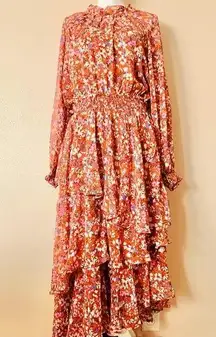 Arula Orange Red/Rust & Tan Multicolor Floral Smocked Long Sleeve Ruffled Dress.
