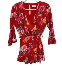 Pink Lily Women's Red ¾ Bell Sleeve Floral Romper Size S Small MISSING BELT