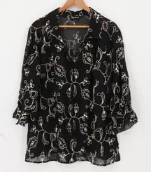 Vtg Black Floral Embroidered Sheer Button Blouse Top Womens Beaded Boho Size 2X