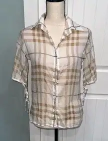 Burberry London women’s Nova Check tie sleeve sheer button front top size 6