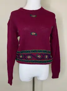 Vintage Hunt Club Maroon Sweater Floral Design Sz Small Linen Cotton