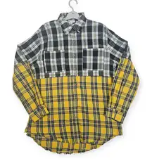 La Miel Colorblock Plaid Flannel Shirt Small Yellow Black Distressed Long Sleeve