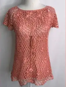 NWT Sacred Threads Orange Crochet Overlay Short Flutter Sleeves Dainty Top Small