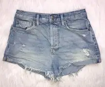 We The Free  Women’s Distressed Raw Hem Light Wash Button-Up Denim Shorts