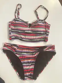 Striped Bikini Set - Colorful V-Wire Top & Full Coverage Bottom Top S Bottom M‎