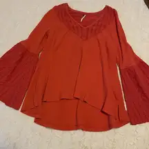 Free People Women's Size Small Eyelet Lace Bell Sleeve Boho Orange V-Neck‎ Tunic